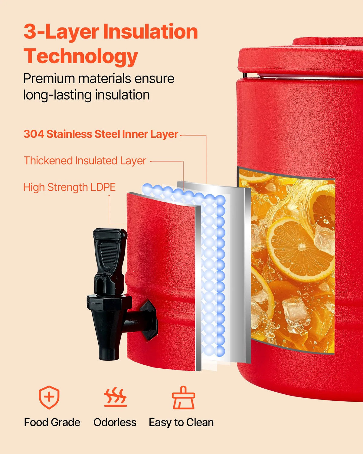 VEVOR Thermal Beverage Dispenser 11.4 l with Tap, 304 Stainless Steel Interior, for Tea and Coffee