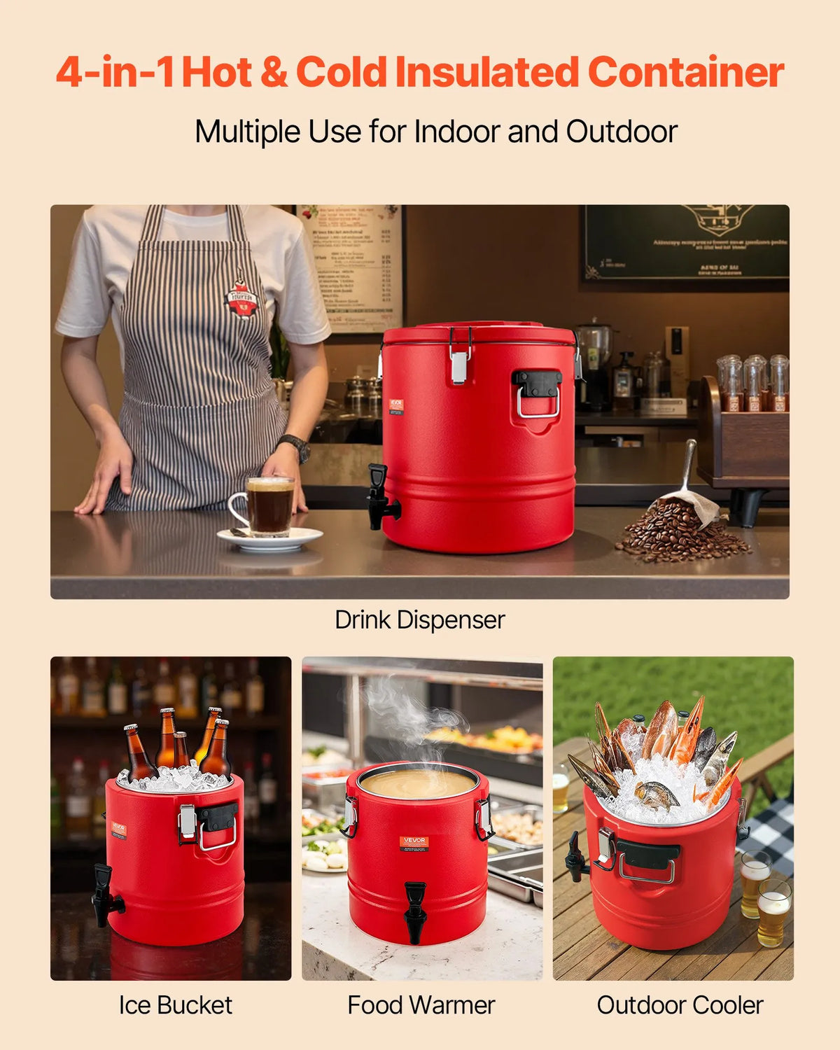 VEVOR Thermal Beverage Dispenser 30.3 l with Tap, 304 Stainless Steel Interior, for Tea and Coffee