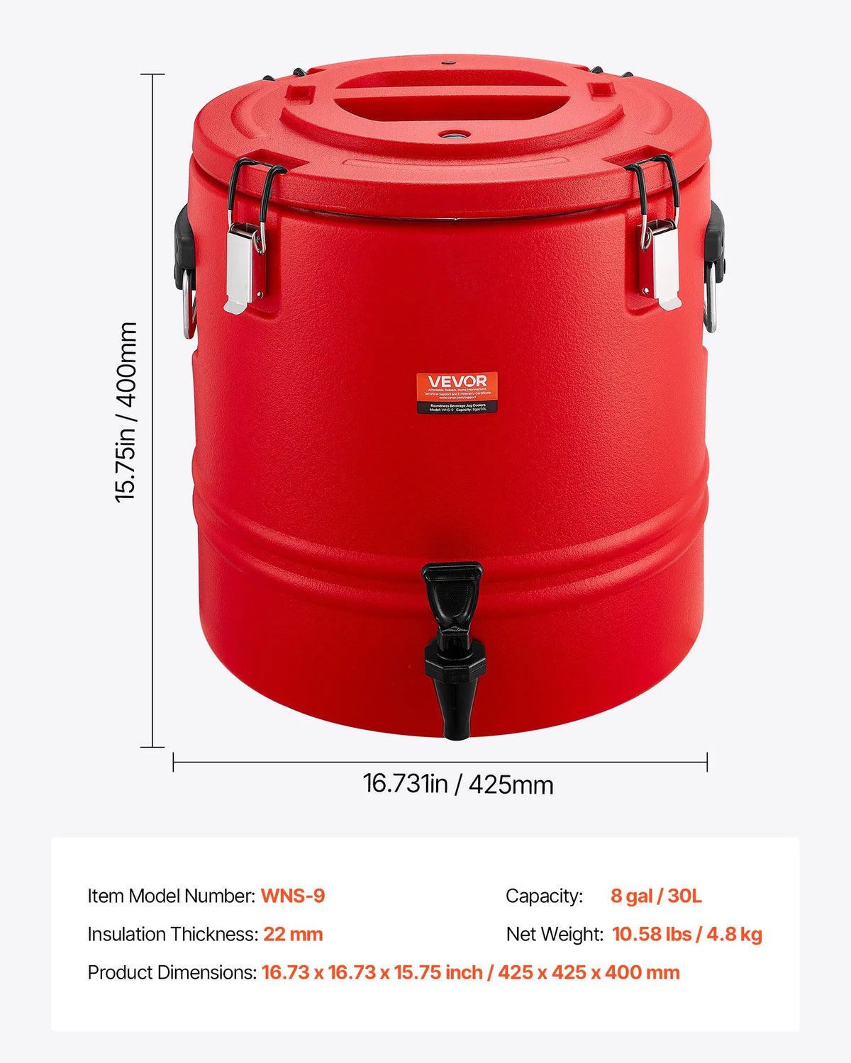 VEVOR Thermal Beverage Dispenser 30.3 l with Tap, 304 Stainless Steel Interior, for Tea and Coffee