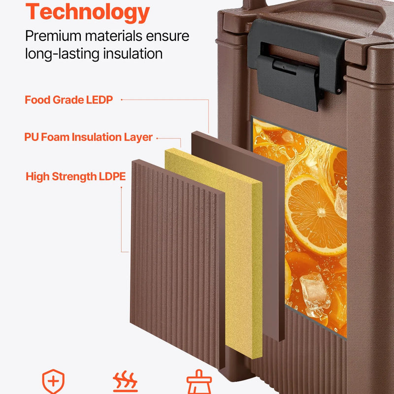 Izolēts dzērienu dozators, 19 l, ar krāniņu un rokturi, pārtikas kvalitātes termiskais trauks tējai, kafijai un ūdenim, brūns