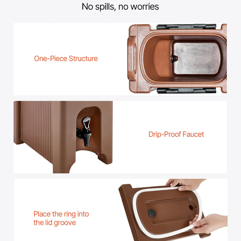 Izolēts dzērienu dozators, 19 l, ar krāniņu un rokturi, pārtikas kvalitātes termiskais trauks tējai, kafijai un ūdenim, brūns