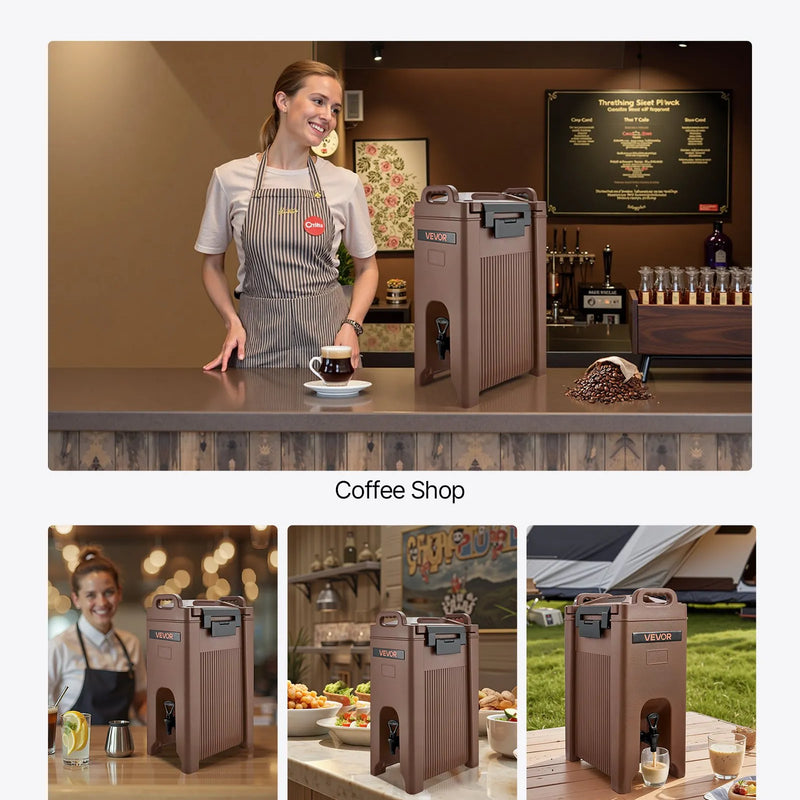 Izolēts dzērienu dozators, 19 l, ar krāniņu un rokturi, pārtikas kvalitātes termiskais trauks tējai, kafijai un ūdenim, brūns