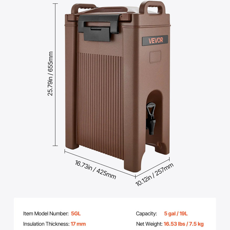 Izolēts dzērienu dozators, 19 l, ar krāniņu un rokturi, pārtikas kvalitātes termiskais trauks tējai, kafijai un ūdenim, brūns