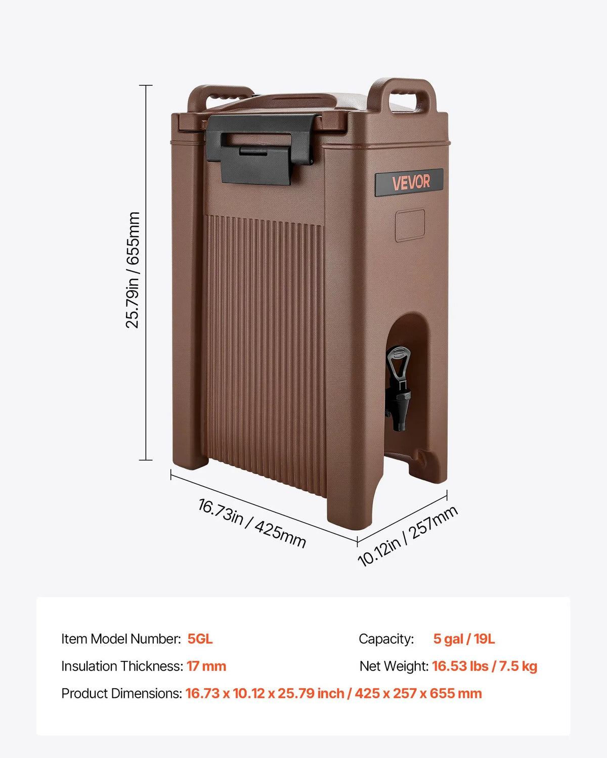 VEVOR Insulated Beverage Dispenser 19 l with Tap and Handle, for Tea, Coffee and Water, Brown