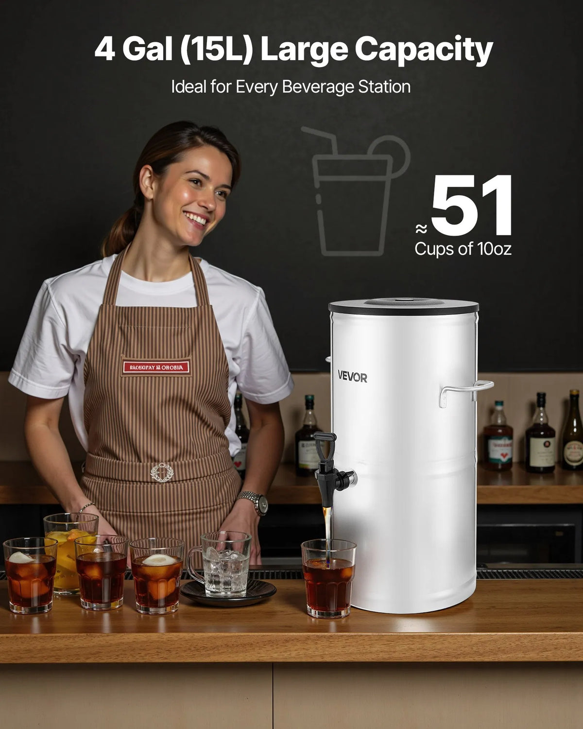 VEVOR 15 L Iced Tea and Coffee Dispenser with Tap and Handle, 304 Stainless Steel