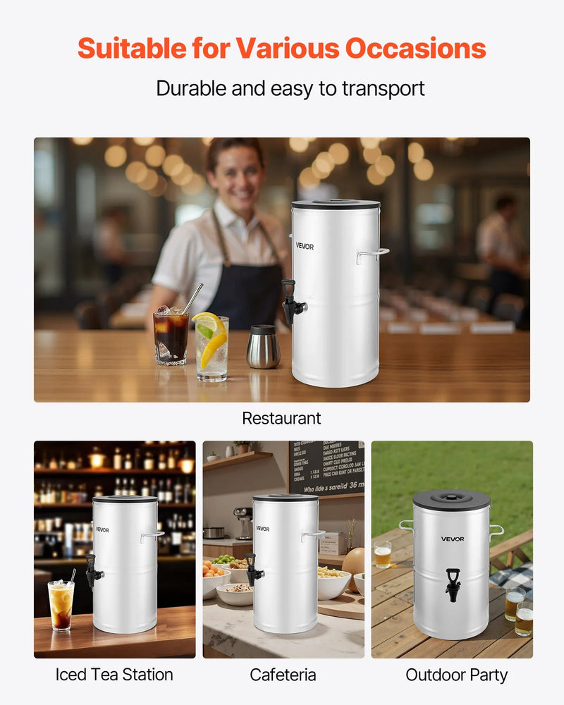 VEVOR ledus tējas dozators, 15 L (4 gal) 304 nerūsējošā tērauda dzērienu dozators ar krānu un rokturi, piemērots karstiem un aukstiem dzērieniem — ledus tējai, kafijai un ūdenim kafejnīcās un restorānos