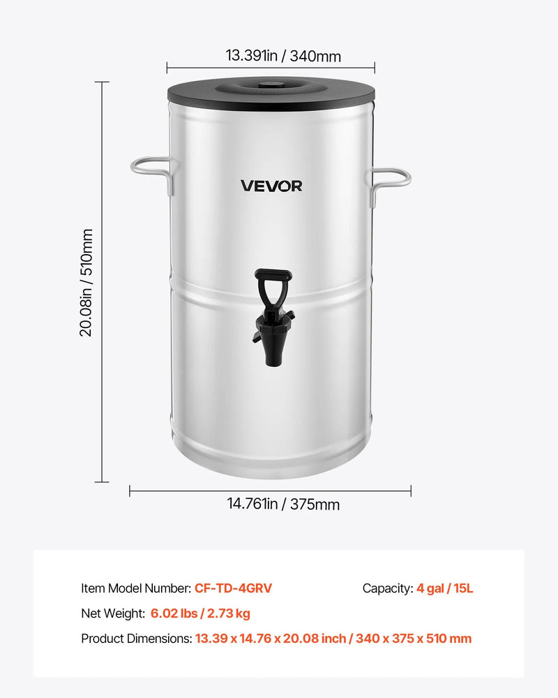 VEVOR ledus tējas dozators, 15 L (4 gal) 304 nerūsējošā tērauda dzērienu dozators ar krānu un rokturi, piemērots karstiem un aukstiem dzērieniem — ledus tējai, kafijai un ūdenim kafejnīcās un restorānos