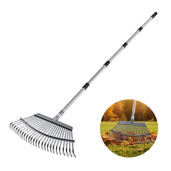Lapu grābeklis, 25 metāla zobi, regulējams 46,5 cm darba platums, 92,5-185 cm rokturis, nerūsējošais tērauds