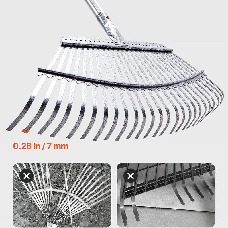 Lapu grābeklis, 25 metāla zobi, regulējams 46,5 cm darba platums, 92,5-185 cm rokturis, nerūsējošais tērauds