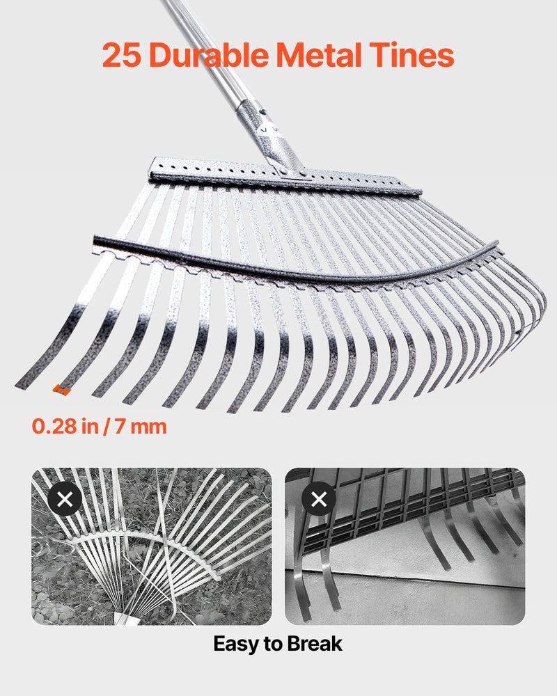 Lapu grābeklis, 25 metāla zobi, regulējams 46,5 cm darba platums, 92,5-185 cm rokturis, nerūsējošais tērauds