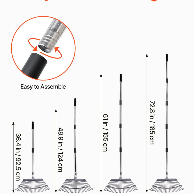 Lapu grābeklis, 25 metāla zobi, regulējams 46,5 cm darba platums, 92,5-185 cm rokturis, nerūsējošais tērauds
