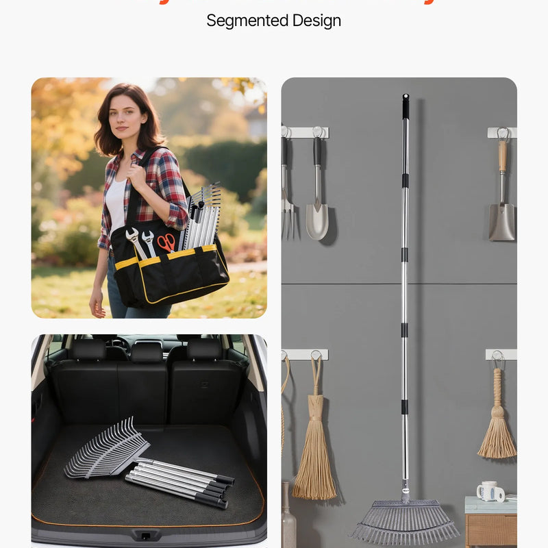 Lapu grābeklis, 25 metāla zobi, regulējams 46,5 cm darba platums, 92,5-185 cm rokturis, nerūsējošais tērauds