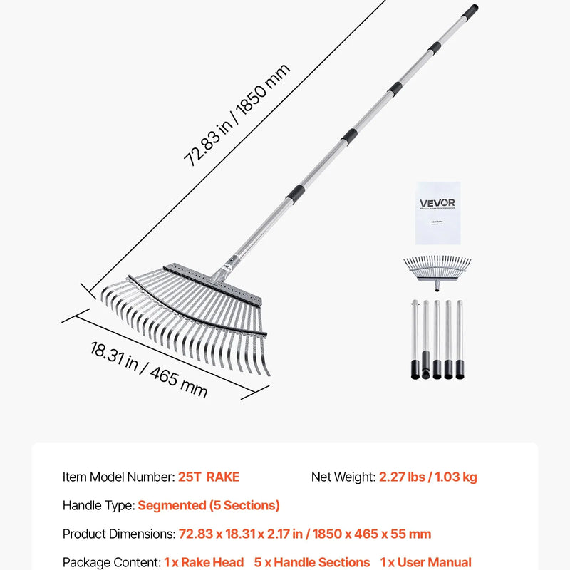 Lapu grābeklis, 25 metāla zobi, regulējams 46,5 cm darba platums, 92,5-185 cm rokturis, nerūsējošais tērauds