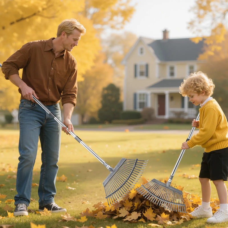Lapu grābeklis, 25 metāla zobi, regulējams 46,5 cm darba platums, 92,5-185 cm rokturis, nerūsējošais tērauds