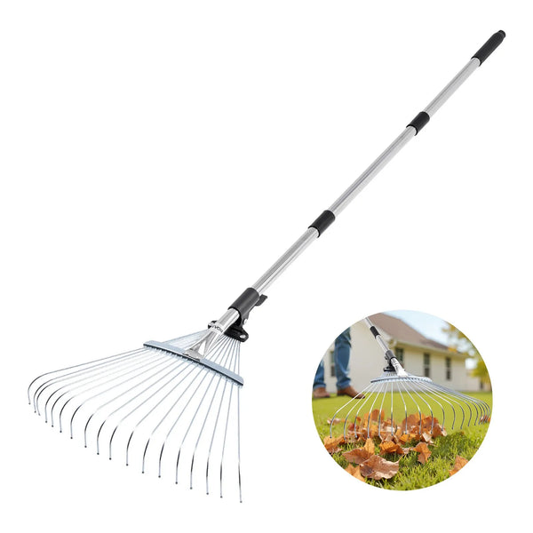 Lapu grābeklis, 18 metāla zobi, regulējams 19,5-43,5 cm darba platums, 82-141 cm rokturis, nerūsējošais tērauds