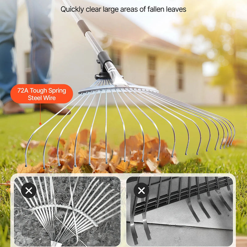 Lapu grābeklis, 18 metāla zobi, regulējams 19,5-43,5 cm darba platums, 82-141 cm rokturis, nerūsējošais tērauds