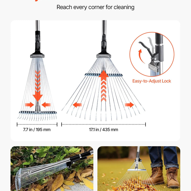 Lapu grābeklis, 18 metāla zobi, regulējams 19,5-43,5 cm darba platums, 82-141 cm rokturis, nerūsējošais tērauds