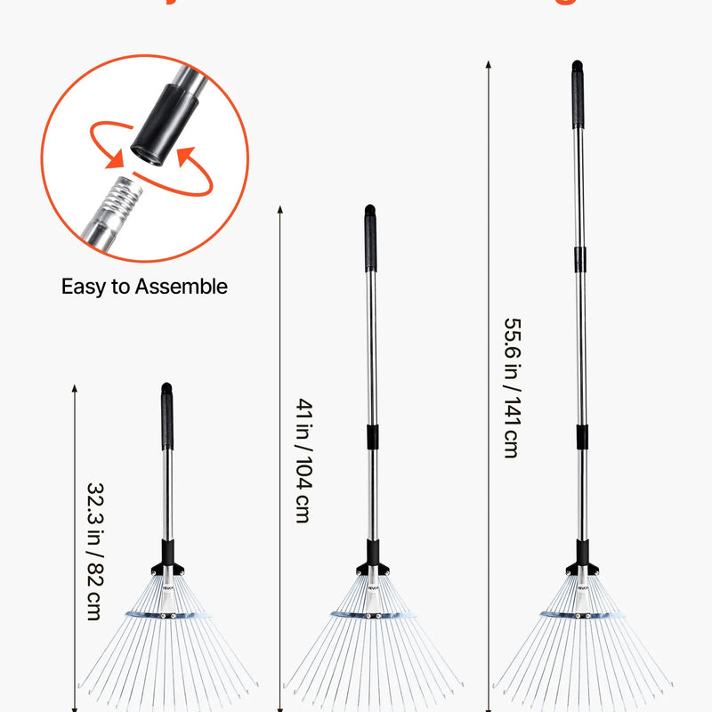 Lapu grābeklis, 18 metāla zobi, regulējams 19,5-43,5 cm darba platums, 82-141 cm rokturis, nerūsējošais tērauds
