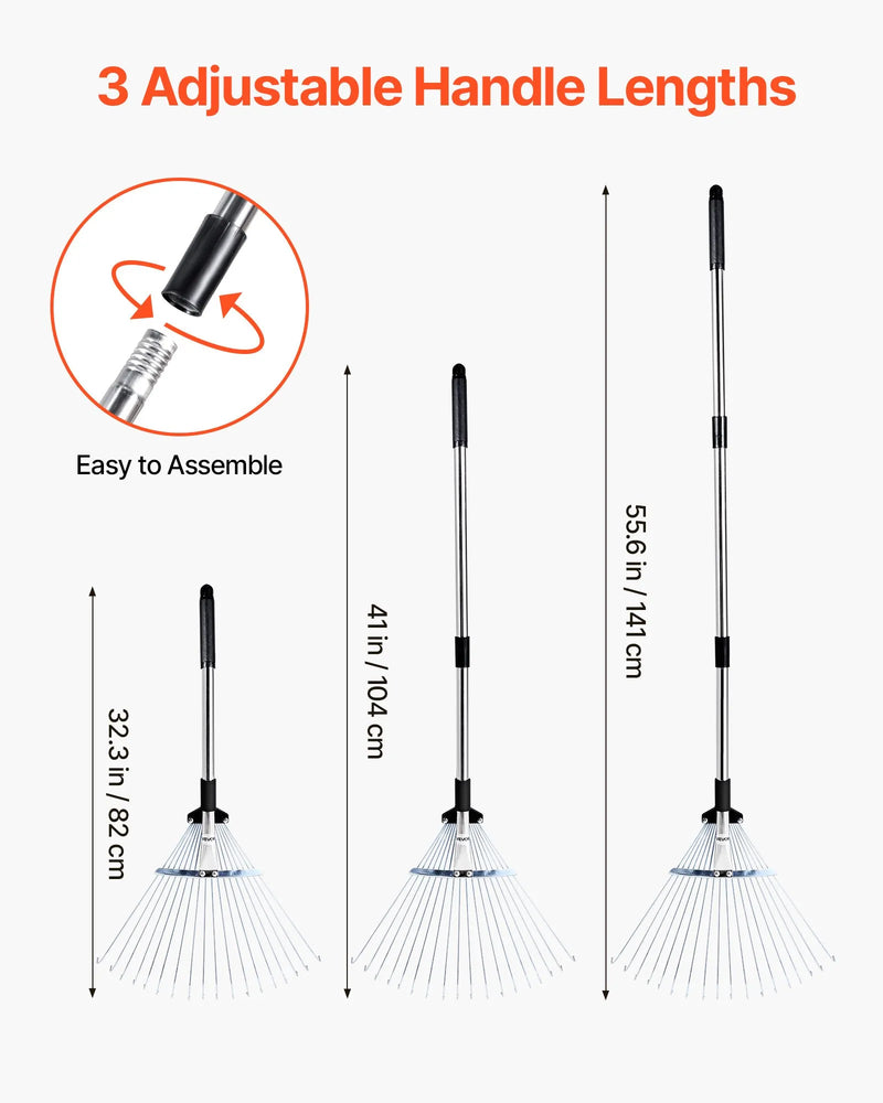 Lapu grābeklis, 18 metāla zobi, regulējams 19,5-43,5 cm darba platums, 82-141 cm rokturis, nerūsējošais tērauds