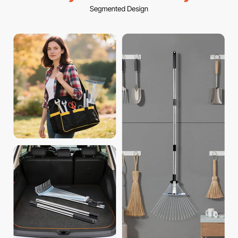 Lapu grābeklis, 18 metāla zobi, regulējams 19,5-43,5 cm darba platums, 82-141 cm rokturis, nerūsējošais tērauds