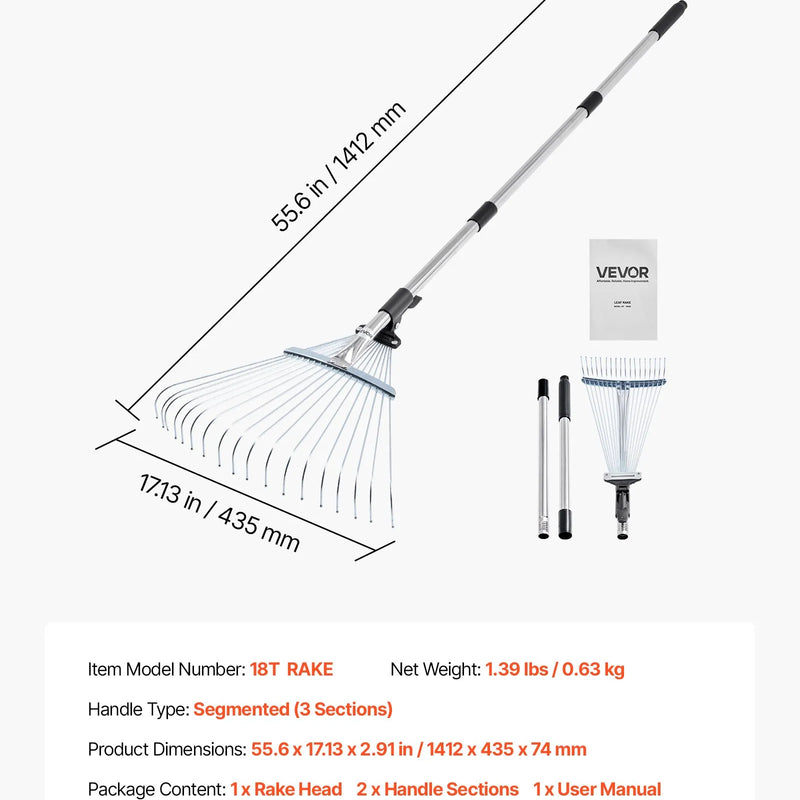 Lapu grābeklis, 18 metāla zobi, regulējams 19,5-43,5 cm darba platums, 82-141 cm rokturis, nerūsējošais tērauds