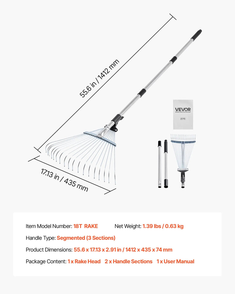 Lapu grābeklis, 18 metāla zobi, regulējams 19,5-43,5 cm darba platums, 82-141 cm rokturis, nerūsējošais tērauds
