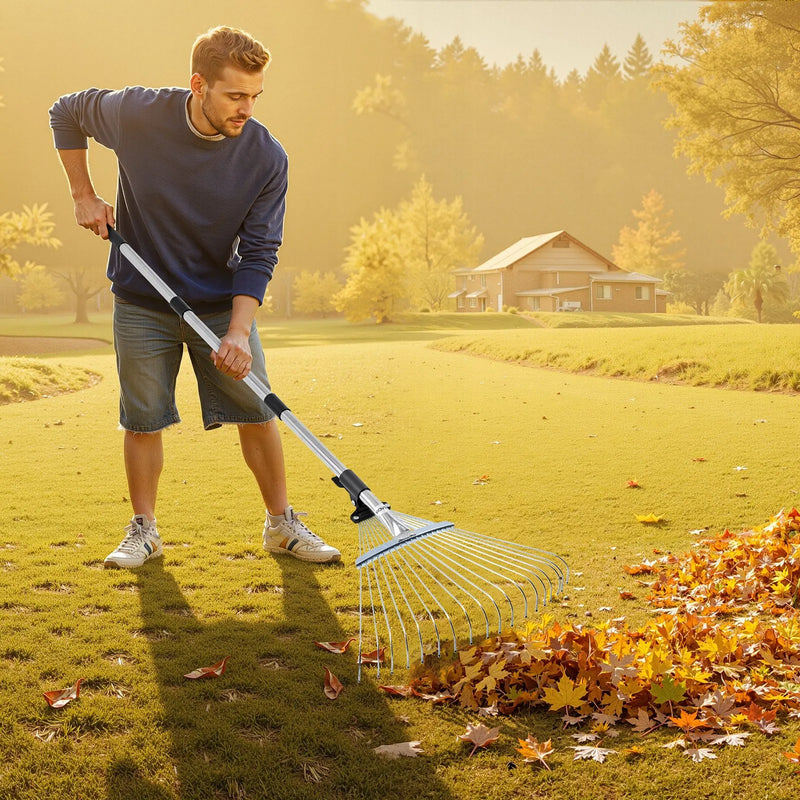 Lapu grābeklis, 18 metāla zobi, regulējams 19,5-43,5 cm darba platums, 82-141 cm rokturis, nerūsējošais tērauds