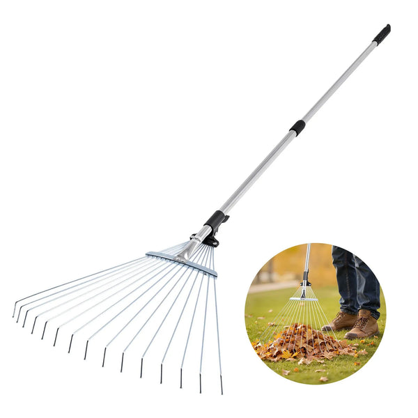 Lapu grābeklis, 15 metāla zobi, regulējams 19-57 cm darba platums, 81,3-160 cm rokturis, nerūsējošais tērauds