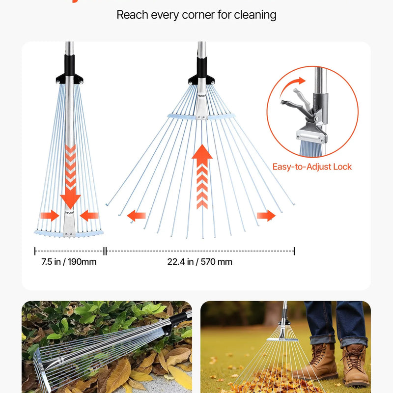 Lapu grābeklis, 15 metāla zobi, regulējams 19-57 cm darba platums, 81,3-160 cm rokturis, nerūsējošais tērauds