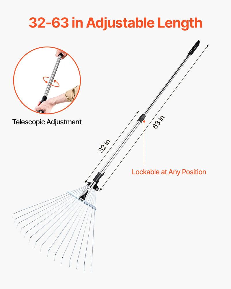 Lapu grābeklis, 15 metāla zobi, regulējams 19-57 cm darba platums, 81,3-160 cm rokturis, nerūsējošais tērauds