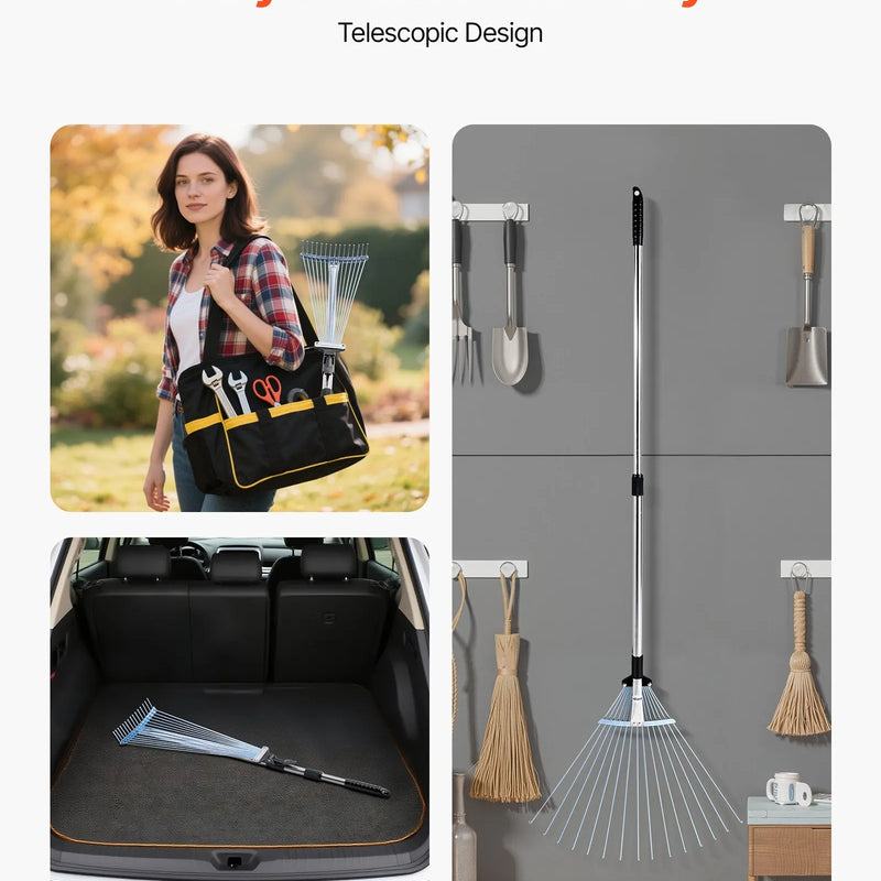 Lapu grābeklis, 15 metāla zobi, regulējams 19-57 cm darba platums, 81,3-160 cm rokturis, nerūsējošais tērauds