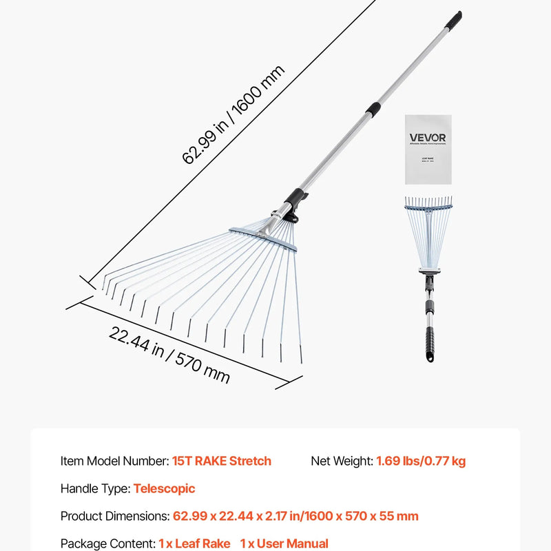 Lapu grābeklis, 15 metāla zobi, regulējams 19-57 cm darba platums, 81,3-160 cm rokturis, nerūsējošais tērauds