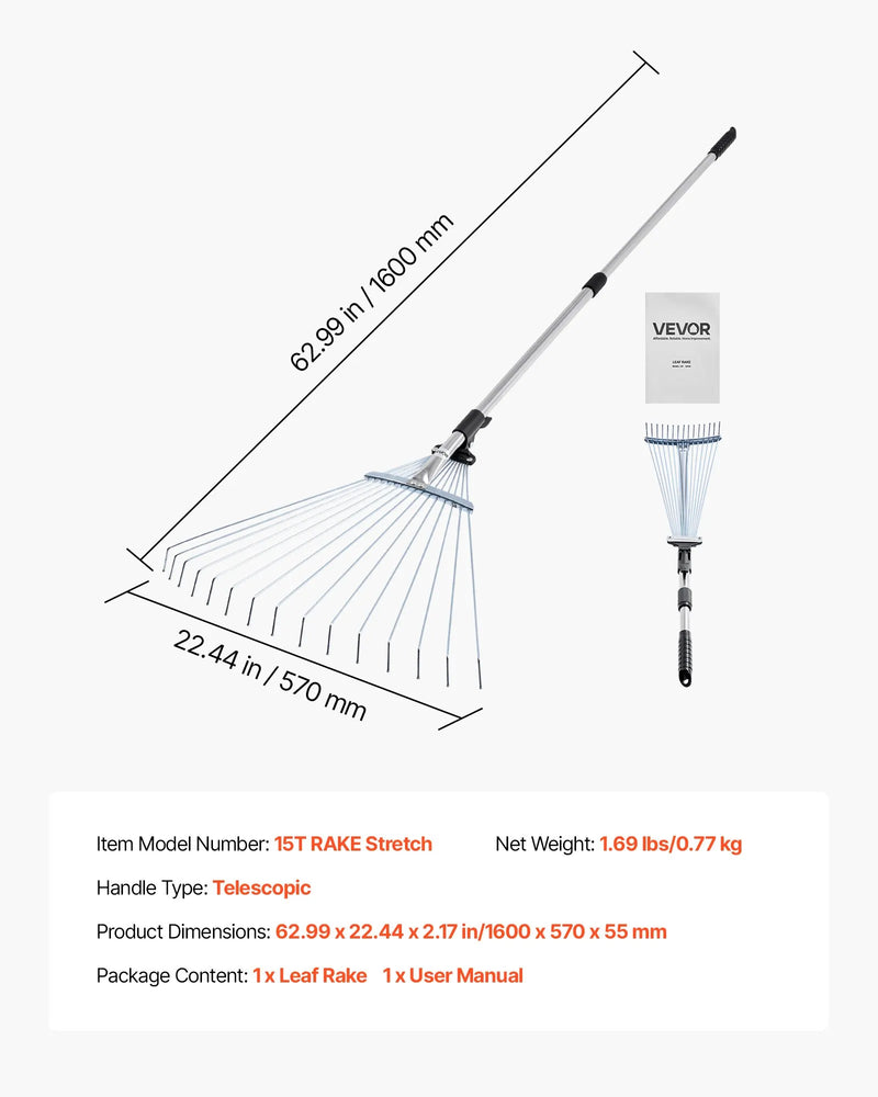Lapu grābeklis, 15 metāla zobi, regulējams 19-57 cm darba platums, 81,3-160 cm rokturis, nerūsējošais tērauds
