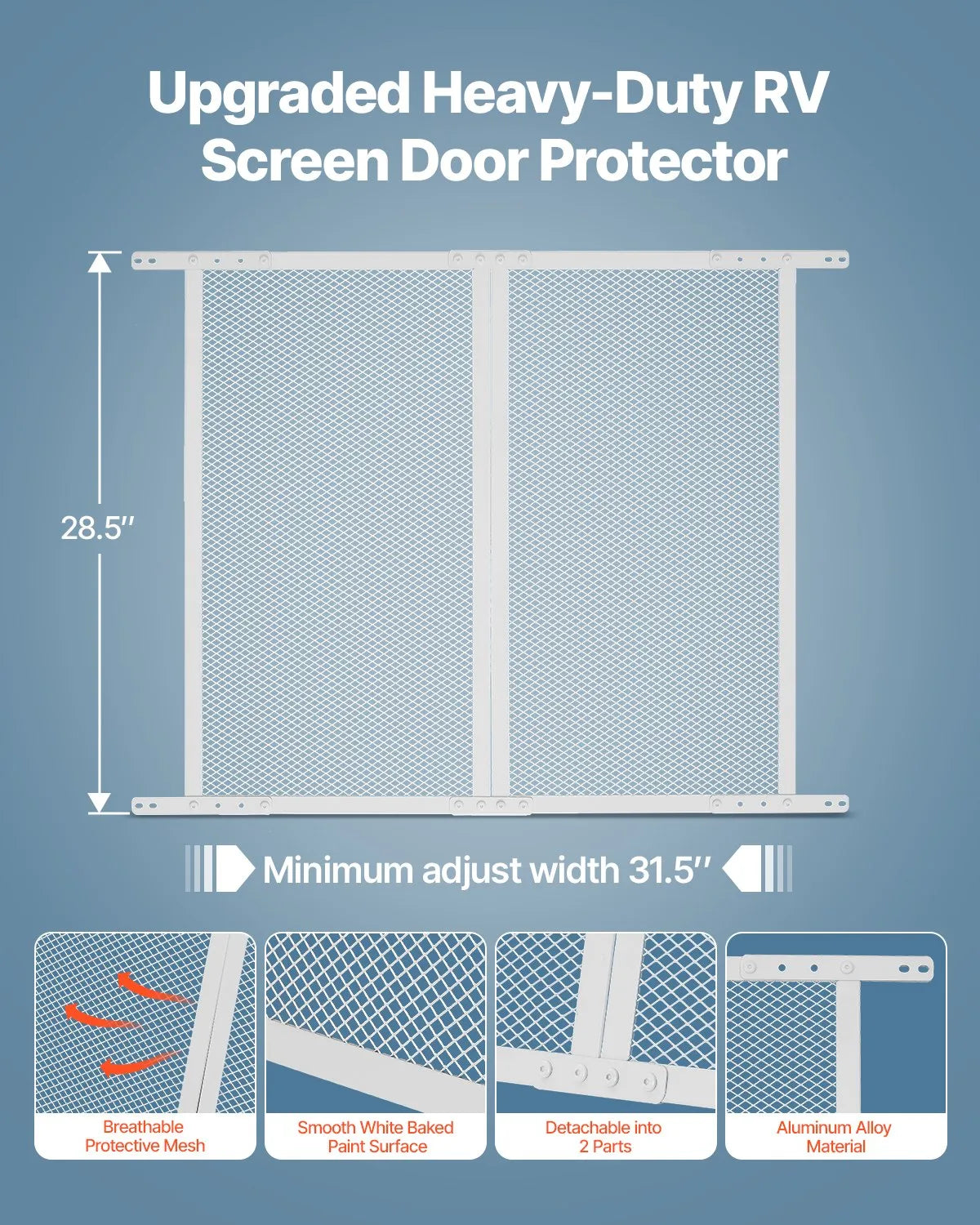 VEVOR Camper Door Screen, 800 × 724 mm, Easy to Install and Remove, Reinforced Breathable Mesh, Aluminium Alloy Entry Door Guard for Pet Protection, White