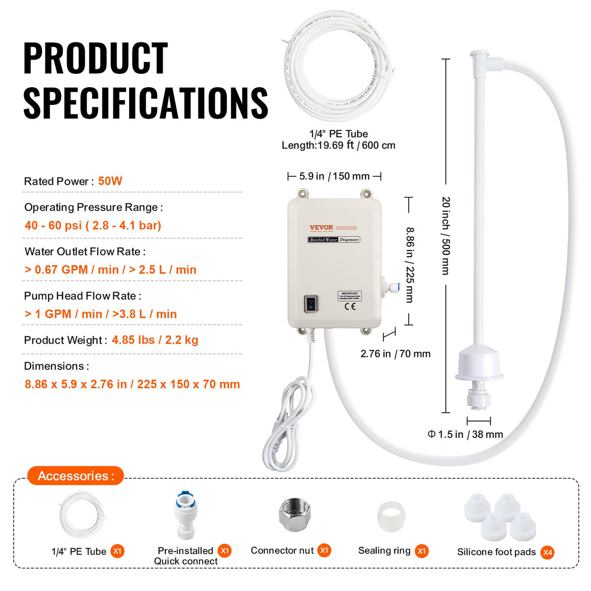 VEVOR Water Dispensing Pump System for Bottles, 3.8 l/min, 2.8 bar, with 6 m PE Tubing