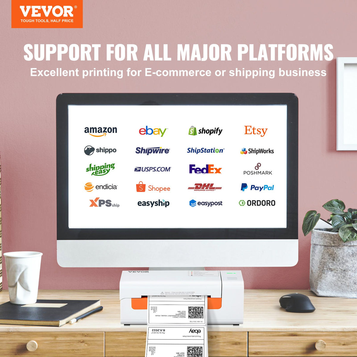 VEVOR termodrukas etiķešu printeris 4×6 ar automātisku etiķešu atpazīšanu, Windows, macOS, Linux