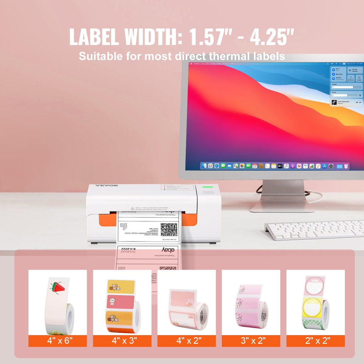 VEVOR termodrukas etiķešu printeris 4×6 ar automātisku etiķešu atpazīšanu, Windows, macOS, Linux