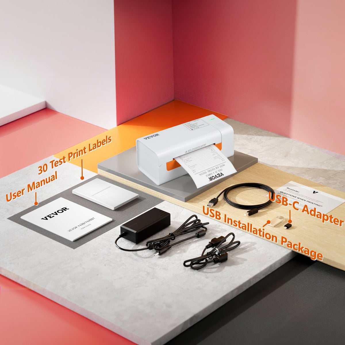 VEVOR termodrukas etiķešu printeris 4×6 ar automātisku etiķešu atpazīšanu, Windows, macOS, Linux