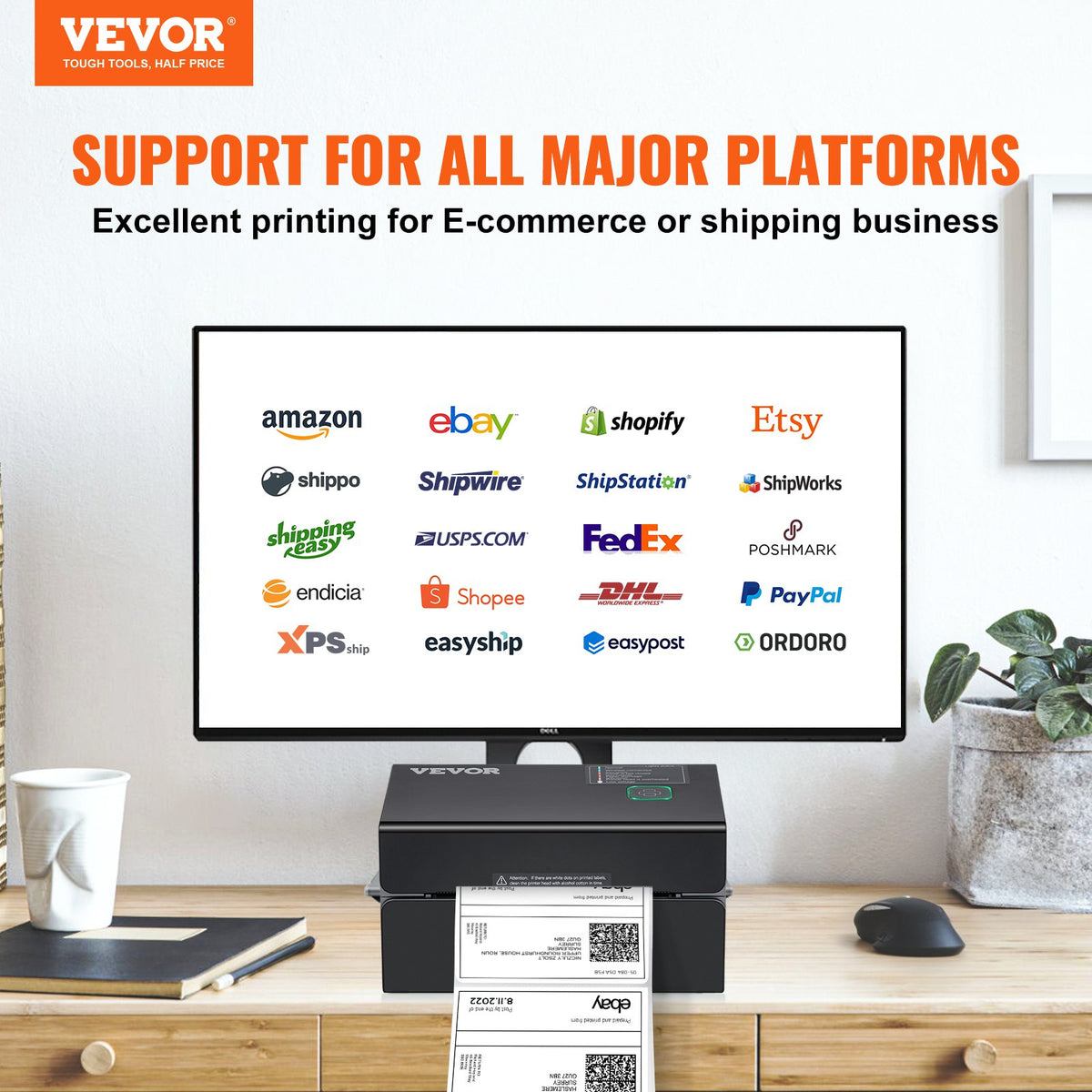 VEVOR termodrukas etiķešu printeris 4×6, 300 DPI, Bluetooth, Windows, macOS, Android, iOS, melns