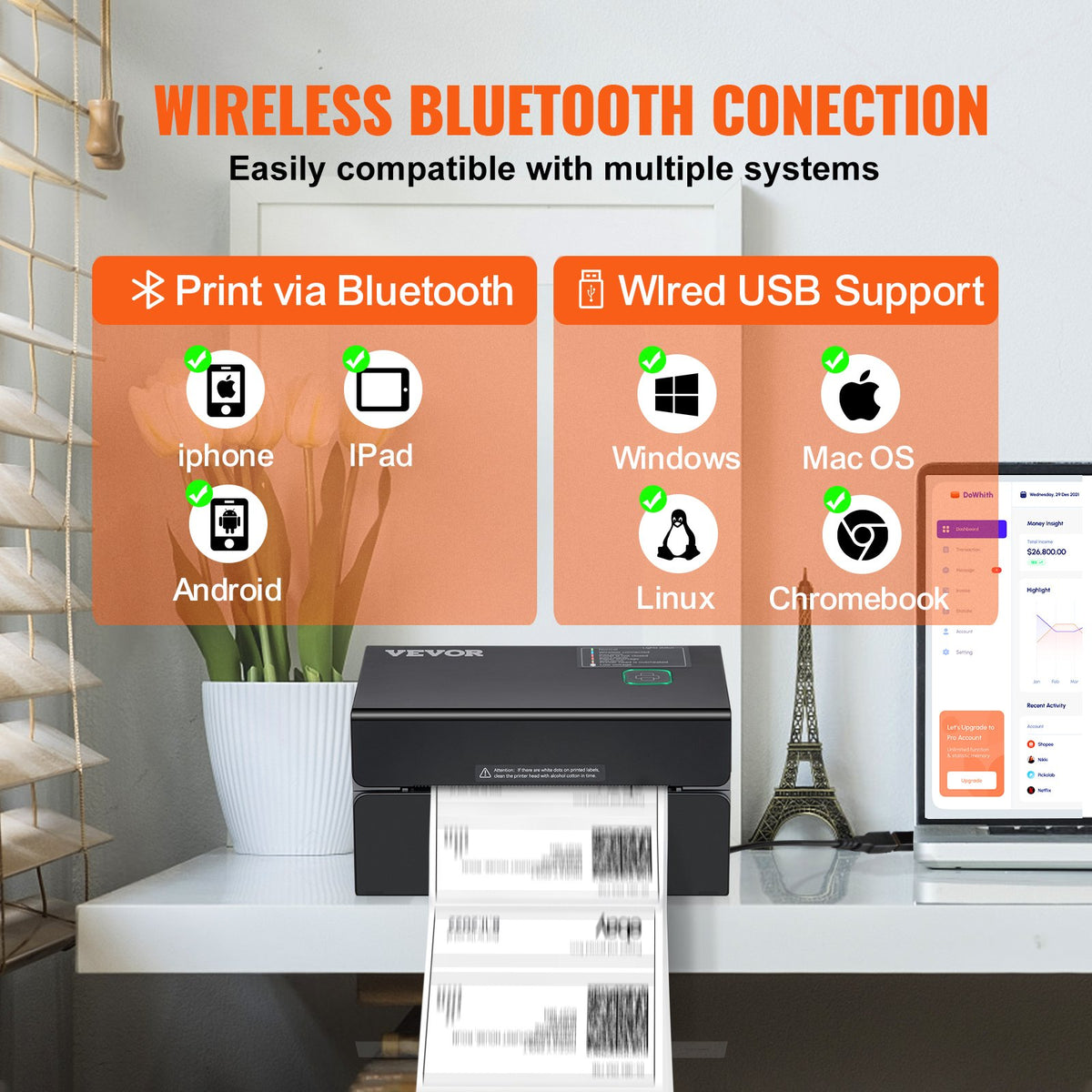 VEVOR termodrukas etiķešu printeris 4×6, 300 DPI, Bluetooth, Windows, macOS, Android, iOS, melns
