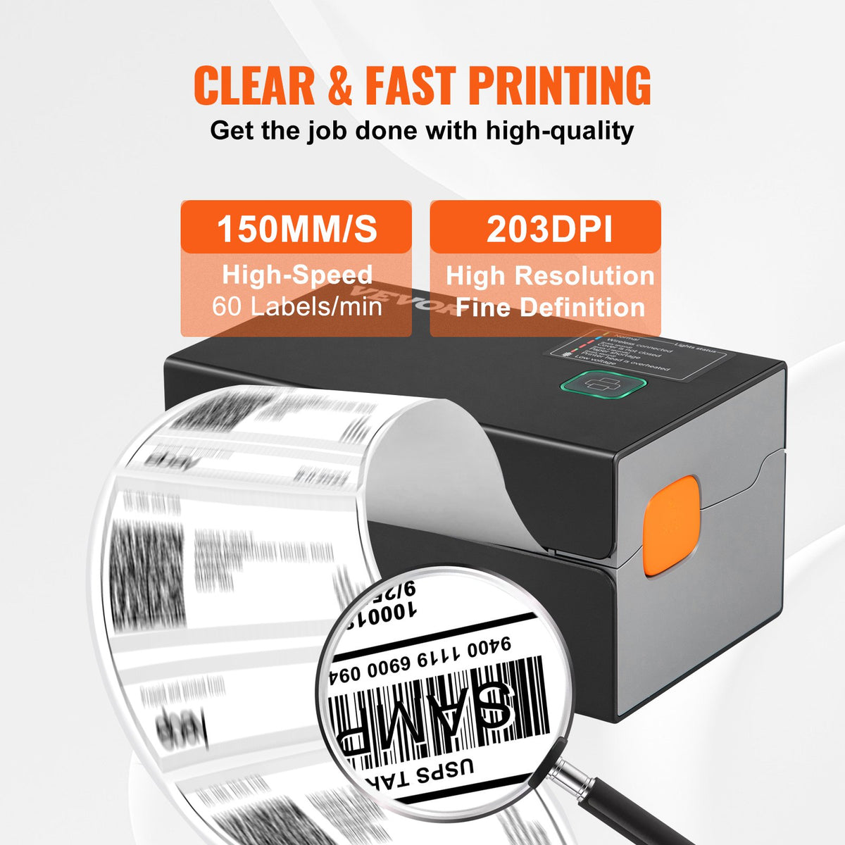 VEVOR termodrukas etiķešu printeris 4×6, 300 DPI, Bluetooth, Windows, macOS, Android, iOS, melns