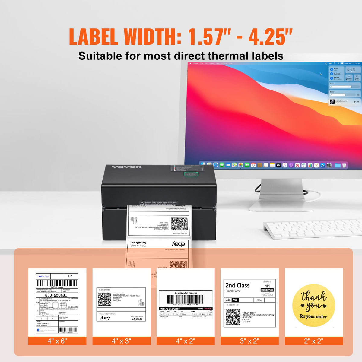 VEVOR termodrukas etiķešu printeris 4×6, 300 DPI, Bluetooth, Windows, macOS, Android, iOS, melns
