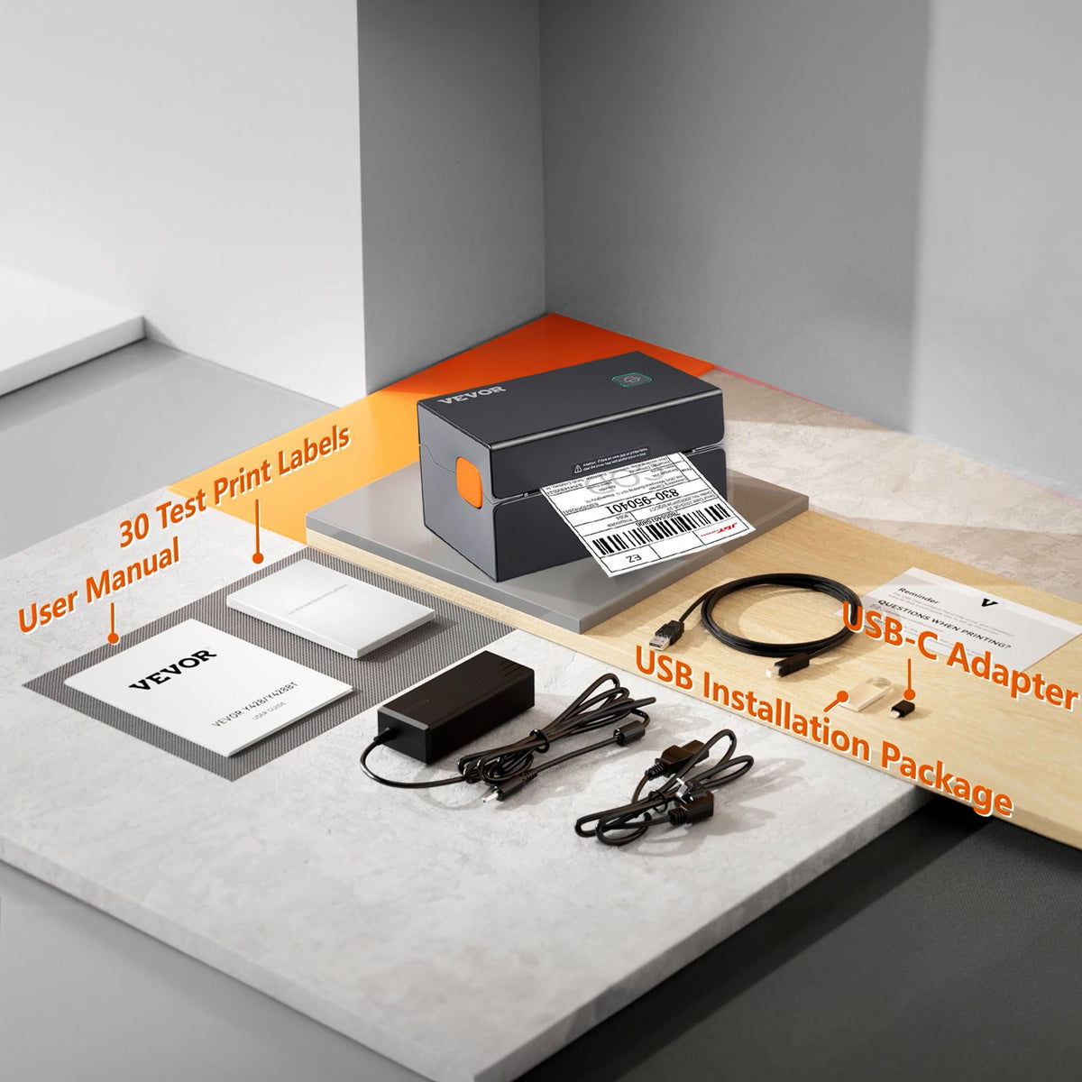 VEVOR termodrukas etiķešu printeris 4×6, 300 DPI, Bluetooth, Windows, macOS, Android, iOS, melns