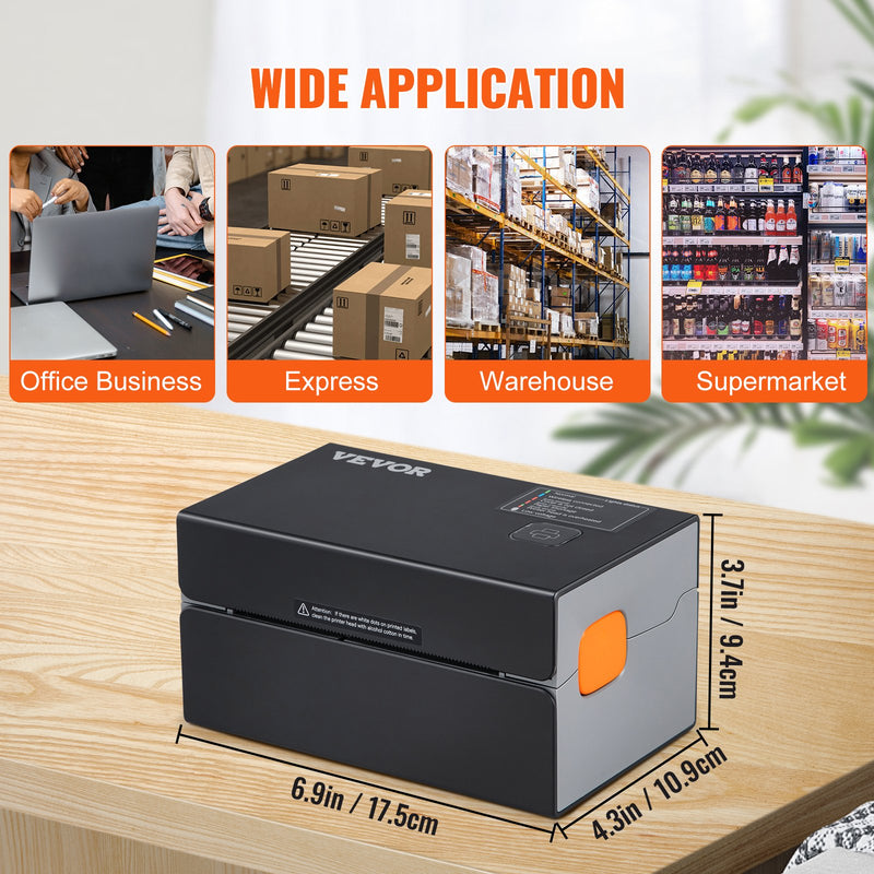 VEVOR termodrukas etiķešu printeris, 300 DPI, 4×6 sūtījumu etiķetēm, Bluetooth, automātiska etiķešu atpazīšana, saderīgs ar Windows, macOS, Linux, Chromebook, Android, iOS, Amazon, eBay, Etsy u.c., melns