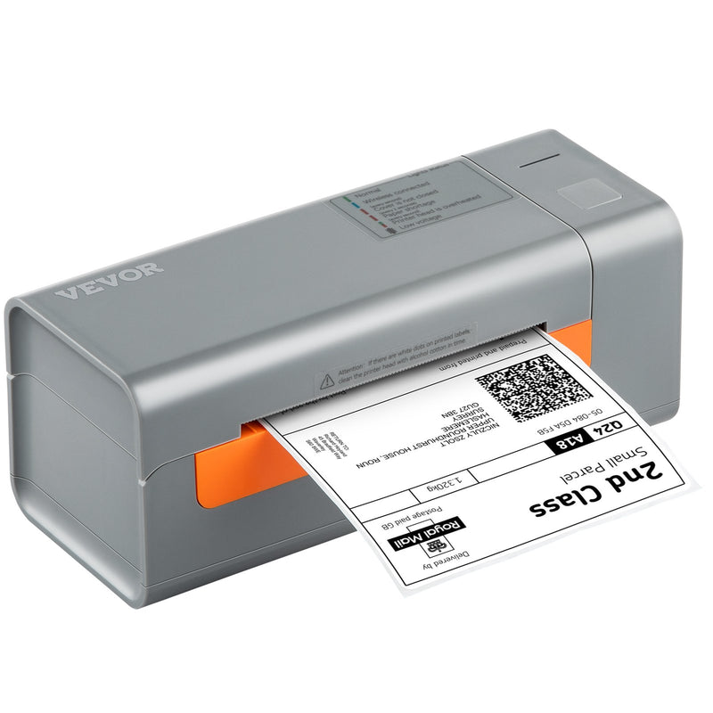 VEVOR termodrukas etiķešu printeris, 203 DPI, 60 gab./min, 4×6 sūtījumu etiķetēm, USB savienojums, automātiska etiķešu atpazīšana, saderīgs ar Windows, macOS, Linux, Amazon, eBay, Etsy, UPS u.c., pelēks