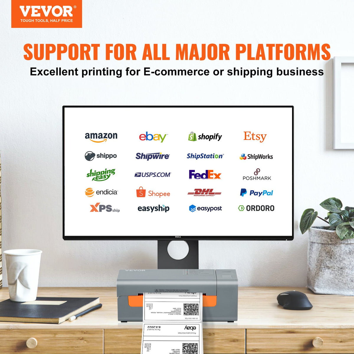 VEVOR termodrukas etiķešu printeris 4×6, 203 DPI, 60 etiķetes minūtē, USB, Windows, macOS, Linux, pelēks