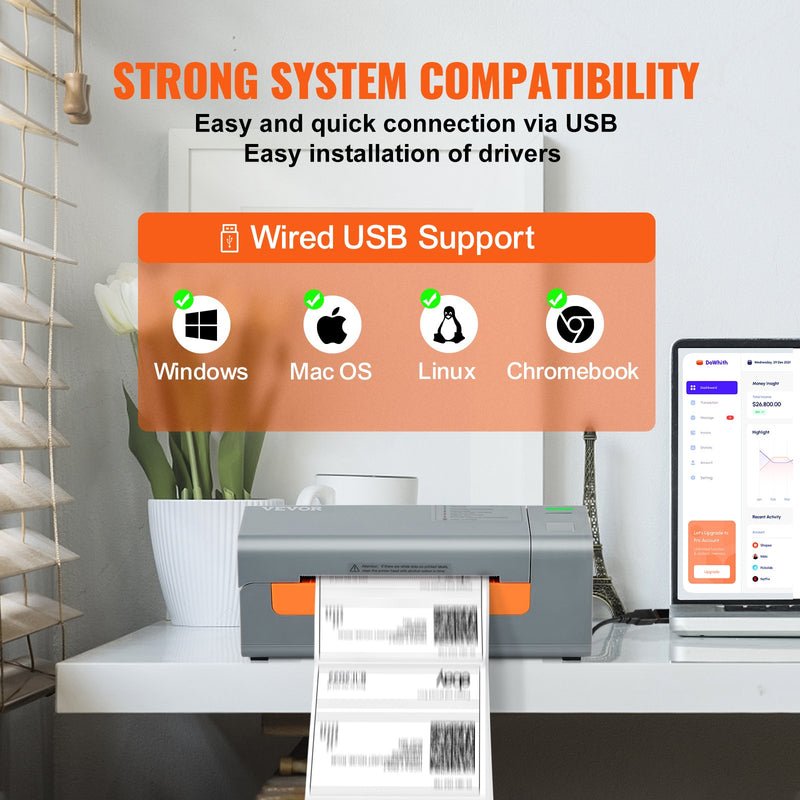 VEVOR termodrukas etiķešu printeris, 203 DPI, 60 gab./min, 4×6 sūtījumu etiķetēm, USB savienojums, automātiska etiķešu atpazīšana, saderīgs ar Windows, macOS, Linux, Amazon, eBay, Etsy, UPS u.c., pelēks