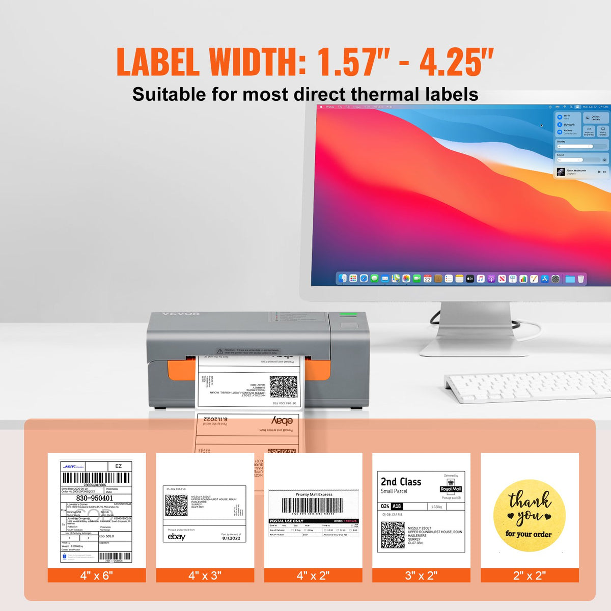 VEVOR termodrukas etiķešu printeris 4×6, 203 DPI, 60 etiķetes minūtē, USB, Windows, macOS, Linux, pelēks