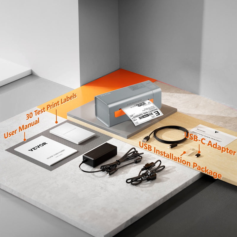 VEVOR termodrukas etiķešu printeris, 203 DPI, 60 gab./min, 4×6 sūtījumu etiķetēm, USB savienojums, automātiska etiķešu atpazīšana, saderīgs ar Windows, macOS, Linux, Amazon, eBay, Etsy, UPS u.c., pelēks