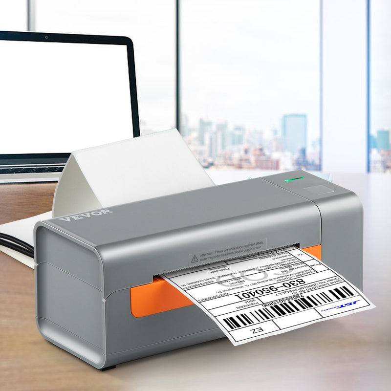 VEVOR termodrukas etiķešu printeris, 203 DPI, 60 gab./min, 4×6 sūtījumu etiķetēm, USB savienojums, automātiska etiķešu atpazīšana, saderīgs ar Windows, macOS, Linux, Amazon, eBay, Etsy, UPS u.c., pelēks